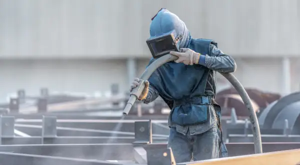 Un ouvrier en combinaison de protection effectue un décapage mécanique sur des structures métalliques, projetant un jet abrasif.