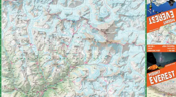 Mapa szlaków trekkingowych w Himalajach, pokazująca gdzie leży Mount Everest (Sagarmatha) i okoliczne szczyty, lodowce oraz wioski.