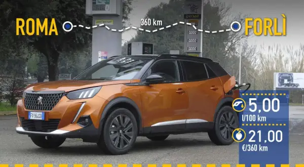 Peugeot 2008 naranja repostando. Viaje de Roma a Forlì, 360 km. Consumo: 5 L/100 km, 21 €/360 km.
