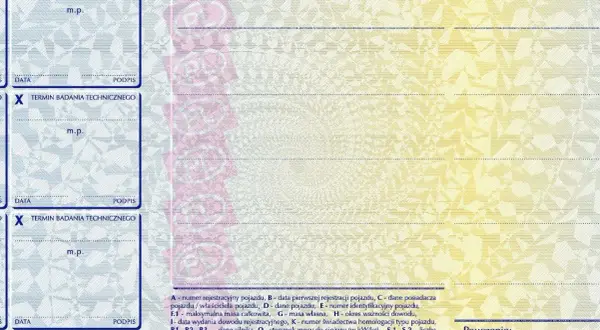 Fragment dowodu rejestracyjnego pojazdu z polami na wpisanie daty i podpisu, potwierdzający badanie techniczne.