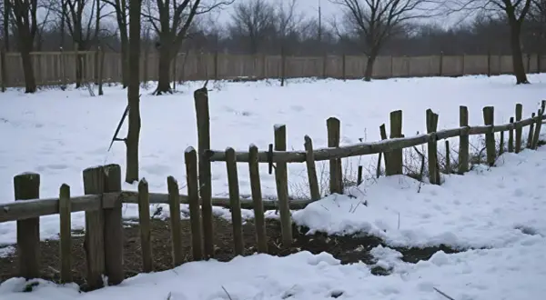 Zimowy krajobraz z drewnianym płotem. Kilka słupków ogrodzeniowych jest pochylonych, co sugeruje potrzebę naprawy i pytanie, jak wyprostować słupek ogrodzeniowy.