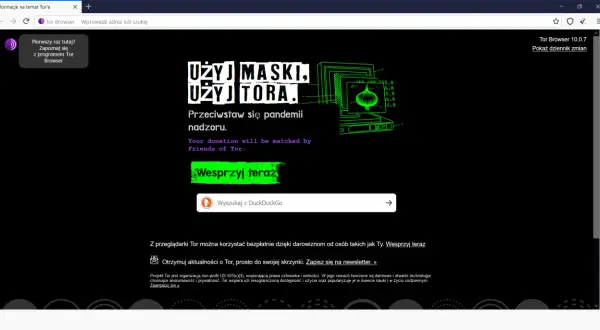 Strona główna przeglądarki Tor z hasłem "Użyj maski, użyj Tora." i grafiką symbolizującą cebulę.