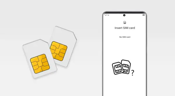 Deux cartes SIM physiques à côté d'un écran de téléphone indiquant "No SIM card".