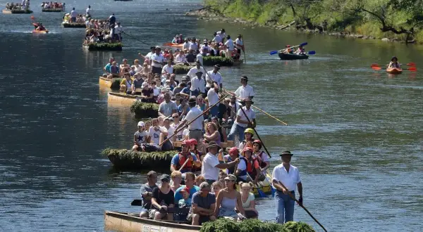 Tradycyjny spływ Dunajcem. Długie tratwy z turystami płyną rzeką, otoczone zielenią.