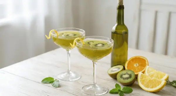 Dwa kieliszki z orzeźwiającą nalewką z kiwi, ozdobione plasterkami owoców i skórką cytrynową. Obok butelka, kiwi, pomarańcza i cytryna.