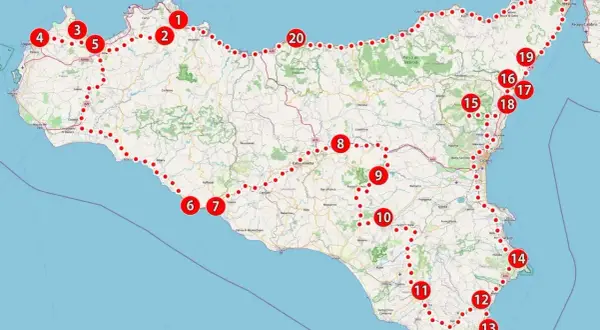Mapa Sycylii z zaznaczoną trasą podróży. Zobacz, gdzie leży Sycylia i jakie miejsca warto odwiedzić, od Trapani po Katanię.
