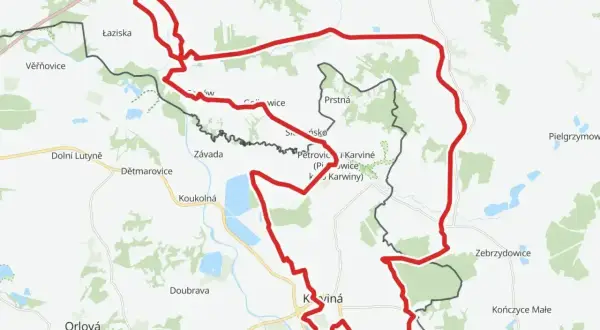 Trasa rowerowa przez Polskę i Czechy, z zaznaczonymi miejscowościami jak Jastrzębie-Zdrój, Karviná i Orlová.