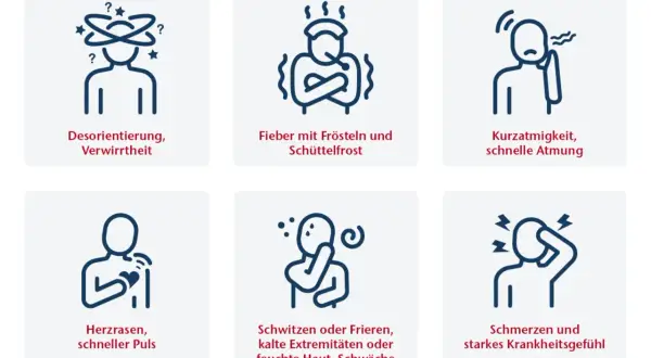 Symptome wie Fieber, Schüttelfrost, Herzrasen und Schmerzen können auf eine Blutvergiftung nach einem Insektenstich hindeuten.