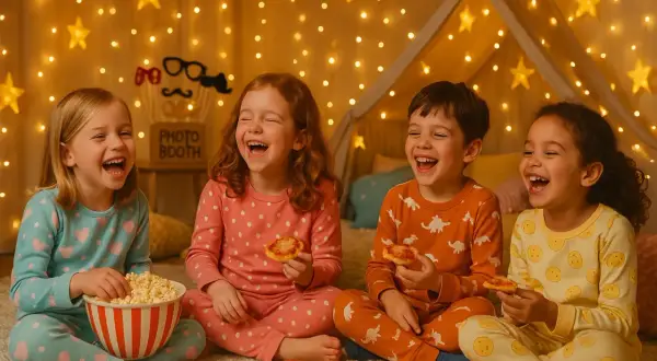 Fyra glada barn på pyjamasparty, skrattandes och ätandes popcorn och minipizzor i ett tält med ljusslingor.