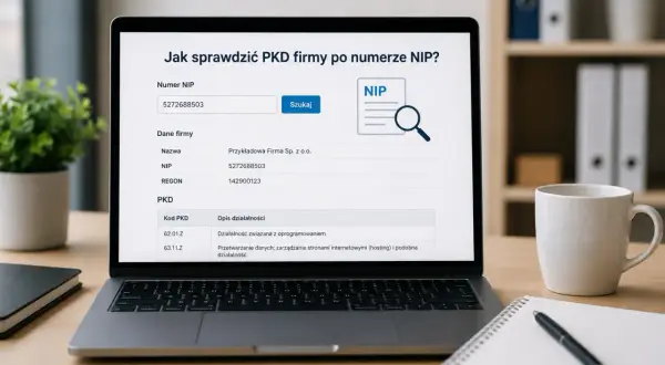Na ekranie laptopa widoczna jest strona internetowa z pytaniem "Jak sprawdzić PKD firmy po numerze NIP?". Wpisano numer NIP, a poniżej wyświetlają się dane firmy, w tym kody PKD.