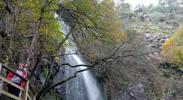 Mujer observa una impresionante cascada de agua caída en un entorno boscoso otoñal.