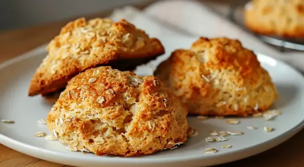 Tre gyllene glutenfria scones med havregryn på en vit tallrik, redo att avnjutas.