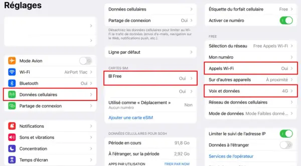 Paramètres du téléphone : activer VoLTE Free. L'image montre les réglages pour activer VoLTE sur un iPhone avec la carte SIM Free.