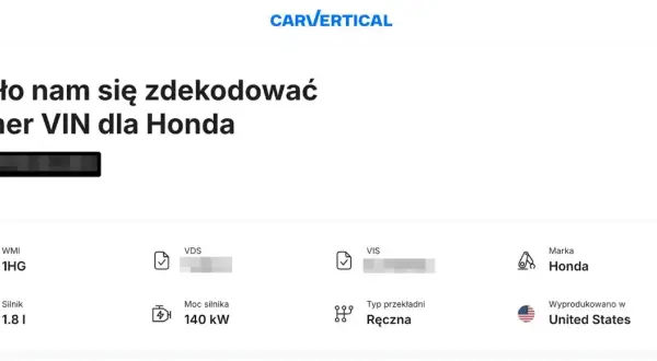 Jak sprawdzić wyposażenie auta po VIN? Wyniki dekodowania numeru VIN dla Hondy: silnik 1.8 l, 140 kW, skrzynia ręczna, produkcja USA.