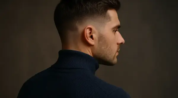 Profil d'un homme avec un dégradé net sur ses cheveux courts. Le style taper cheveux court met en valeur ses traits.