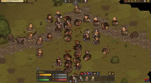 Schlachtfeld mit vielen gefallenen Kriegern, ein paar Überlebende kämpfen weiter. Ein Esel zieht einen Karren. Battle Brothers.
