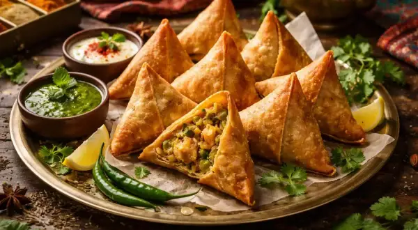 En bricka med gyllene, friterade samosas, en öppen för att visa fyllningen. Serveras med grön chutney, yoghurt och citronklyftor. Ett perfekt samosa recept för alla tillfällen.