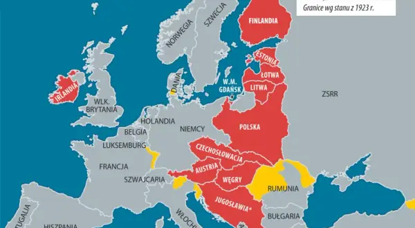 Mapa Europy z 1923 roku, ukazująca granice państw po traktacie wersalskim. Czerwone państwa to m.in. Polska, Finlandia, kraje bałtyckie.