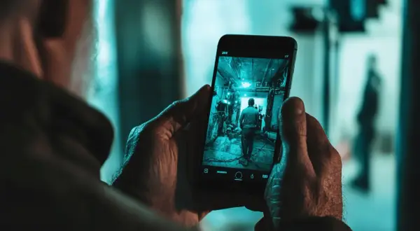 Un homme utilise son smartphone pour surveiller sa maison. L'écran affiche une image en temps réel d'un couloir.