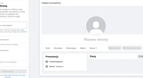 Ekran tworzenia strony na Facebooku. Wpisz nazwę, kategorię i biogram, aby dowiedzieć się, jak założyć sobie Facebooka.