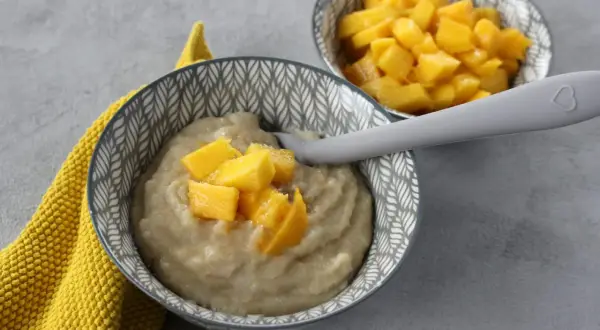 Babybrei mit Mango-Stückchen in einer Schüssel, daneben eine weitere Schüssel mit Mangowürfeln. Ein gelbes Tuch liegt daneben.