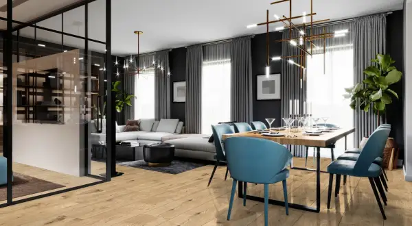 Nowoczesny salon z jadalnią, gdzie drewniana podłoga kronostep tworzy ciepłą bazę dla błękitnych krzeseł i eleganckiego stołu.