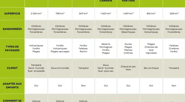 Tableau comparatif des îles Canaries pour la randonnée : superficies, types de paysages, climat, et plus.