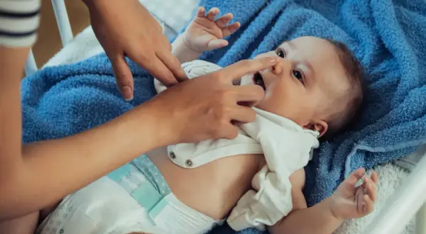 Delikatne smarowanie noska niemowlaka maścią majerankową.