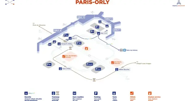 Plan de liaison Orly-Paris : navettes, tramway T7, Orlyval, RER B, bus, taxis, parkings et hôtels.