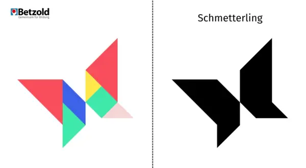 Bunte Tangram-Teile ergeben links einen Schmetterling, rechts die schwarze Tangram vorlage.