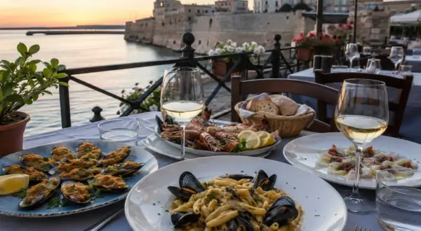 Un tavolo con vista sul mare, pronto per gustare squisiti piatti tipici tarantini: pasta con cozze, soutè di cozze e un misto di crostacei.