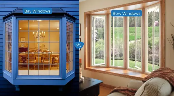Left: a blue bay window showing a dining room. Right: a bow window with a view of a garden.