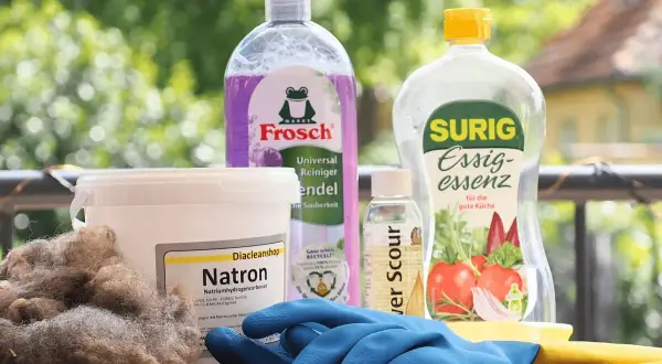 Wollprogramm Waschmaschine: Natron, Essigessenz und Reinigungsmittel für die schonende Wäsche. Blaue Handschuhe liegen bereit.