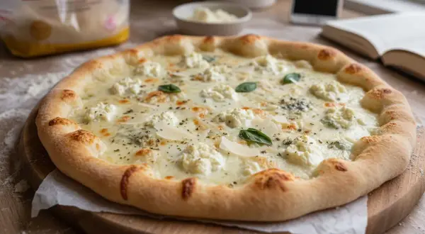 Une délicieuse pizza 4 fromage recette, prête à être dégustée. Ses fromages fondants et sa pâte dorée invitent à la gourmandise.