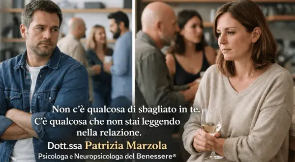 Uomo pensieroso, donna con bicchiere di vino. Il testo suggerisce come superare una brutta figura: "Non c'è qualcosa di sbagliato in te. C'è qualcosa che non stai leggendo nella relazione.