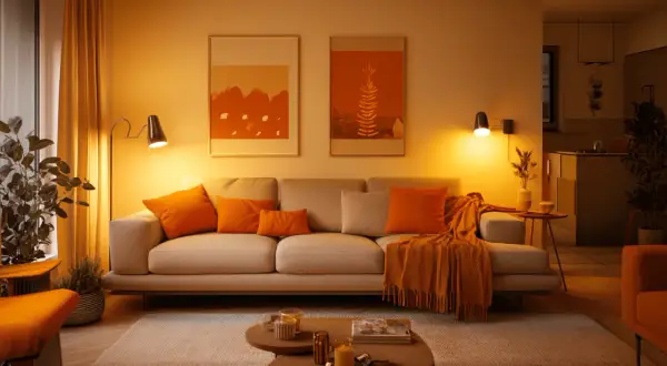 Gemütliches Wohnzimmer mit Sofa, Kissen und Decke in warmer, orange Farbe. Zwei Bilder mit orangefarbenen Motiven hängen an der Wand.