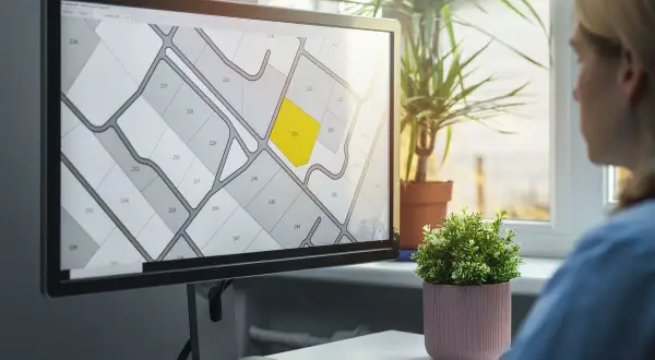 Kobieta analizuje na monitorze mapę działek, która przypomina wypis z rejestru gruntów. Jedna z działek jest podświetlona na żółto.