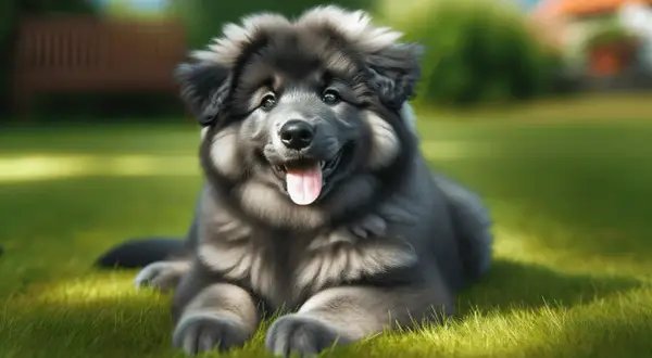 Szczeniak rasy blue bay shepherd leży na trawie, merdając ogonem.
