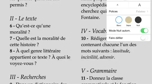 Lecture d'un livre au format epub, affichant des questions sur la moralité et la grammaire.