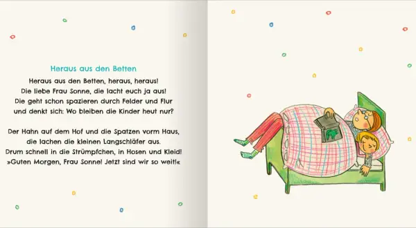 Reime auf Lieder: Zwei Kinder schlafen im Bett, während die Sonne sie auslacht. Ein Hahn und Spatzen rufen zum Aufstehen.