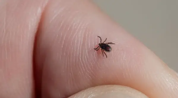 Mały kleszcz na ludzkim palcu. Zastanawiasz się, czy kleszcz skacze? Ten mały pajęczak nie skacze, ale potrafi szybko się poruszać.