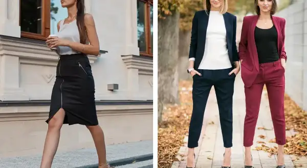 Eleganckie stylizacje na imprezę firmową: czarna spódnica z zamkiem i buty na obcasie, granatowy i bordowy garnitur.