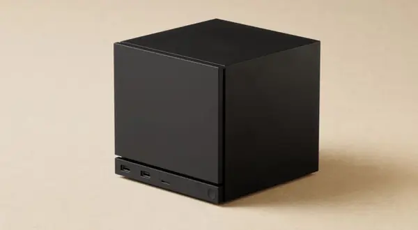 Schwarzer Würfel-PC mit USB-Anschlüssen, bereit für den Steam Machine Release.