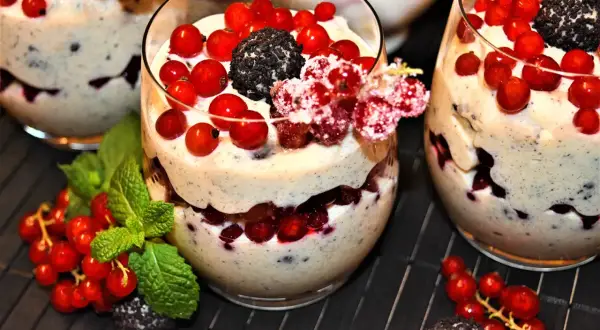 Cremige Desserts mit roten Johannisbeeren und Minze. Perfekt für Johannisbeeren Rezepte, die erfrischen und begeistern.