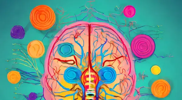 Cerveau coloré avec des vaisseaux sanguins et des cercles vibrants, symbolisant la manière de réguler son système nerveux.