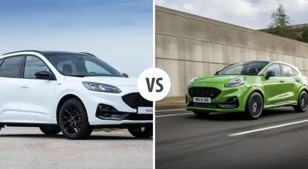 Biały Ford Kuga i zielony Ford Puma, dwa stylowe SUV-y, gotowe do jazdy.