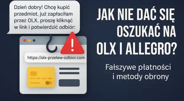 Ostrzeżenie przed oszustwami na OLX. Fałszywy link do płatności i odbioru, ostrzegawczy trójkąt z wykrzyknikiem.