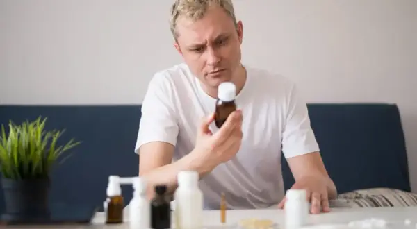 Mężczyzna zastanawia się, czy ashwagandha i alkohol to dobre połączenie. Na stole leżą różne suplementy.
