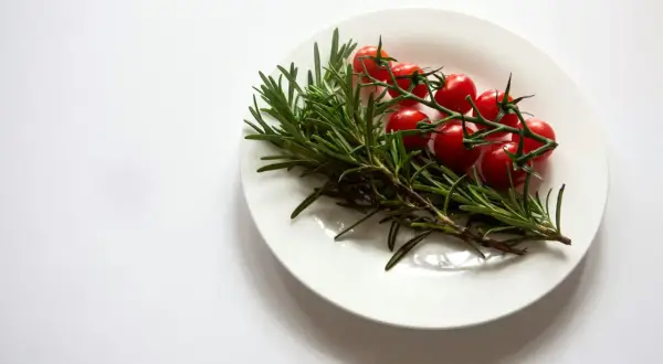 Gałązka rozmarynu z pomidorkami koktajlowymi na białym talerzu. Rozmaryn do czego? Do aromatycznych potraw!