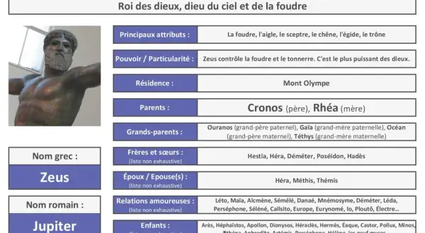 Zeus, le roi des dieux, règne sur le ciel et la foudre. Il est le plus puissant des dieux, fils de Cronos et Rhéa.
